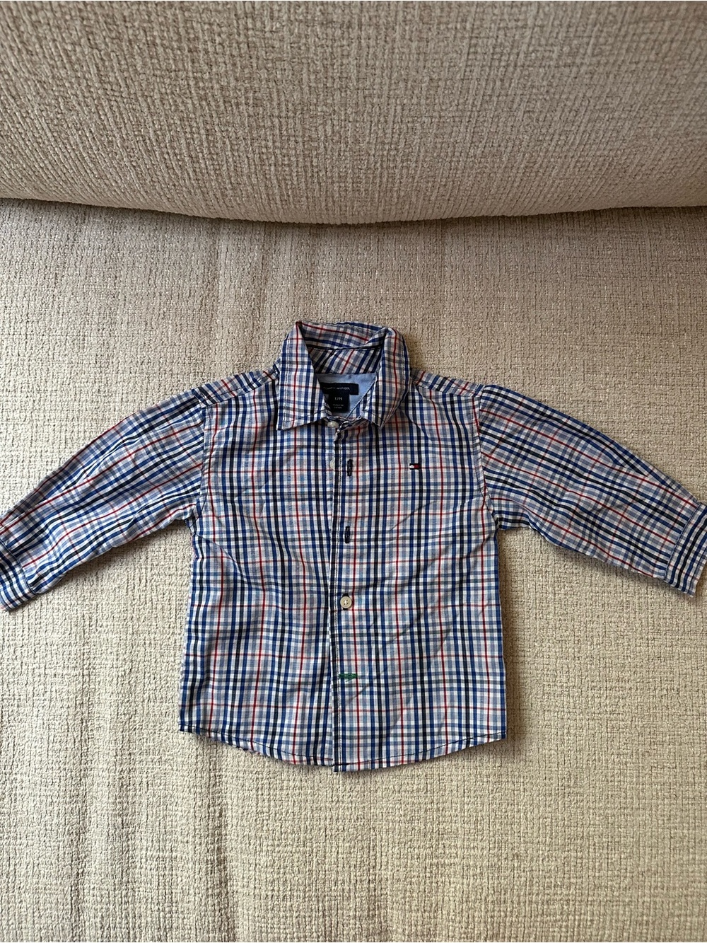 Tommy Hilfiger Boys Blue, White & Red Plaid Button-Down Shirt Size 12 Months
